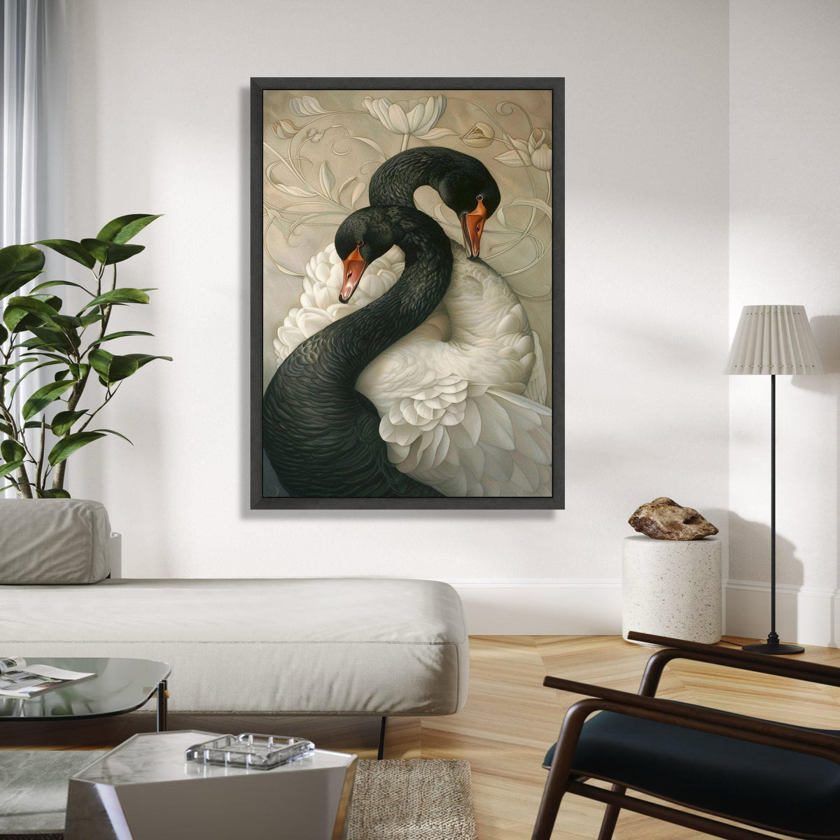 Elegant Black and White Swans Canvas, Romantic Wildlife Wall Art, Nature Feathered Birds Decoration, Floral Gift Art, Home Decor, Print