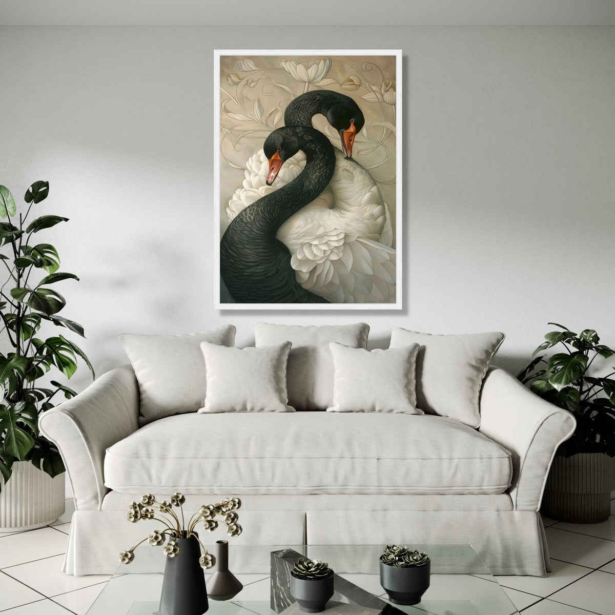 Elegant Black and White Swans Canvas, Romantic Wildlife Wall Art, Nature Feathered Birds Decoration, Floral Gift Art, Home Decor, Print