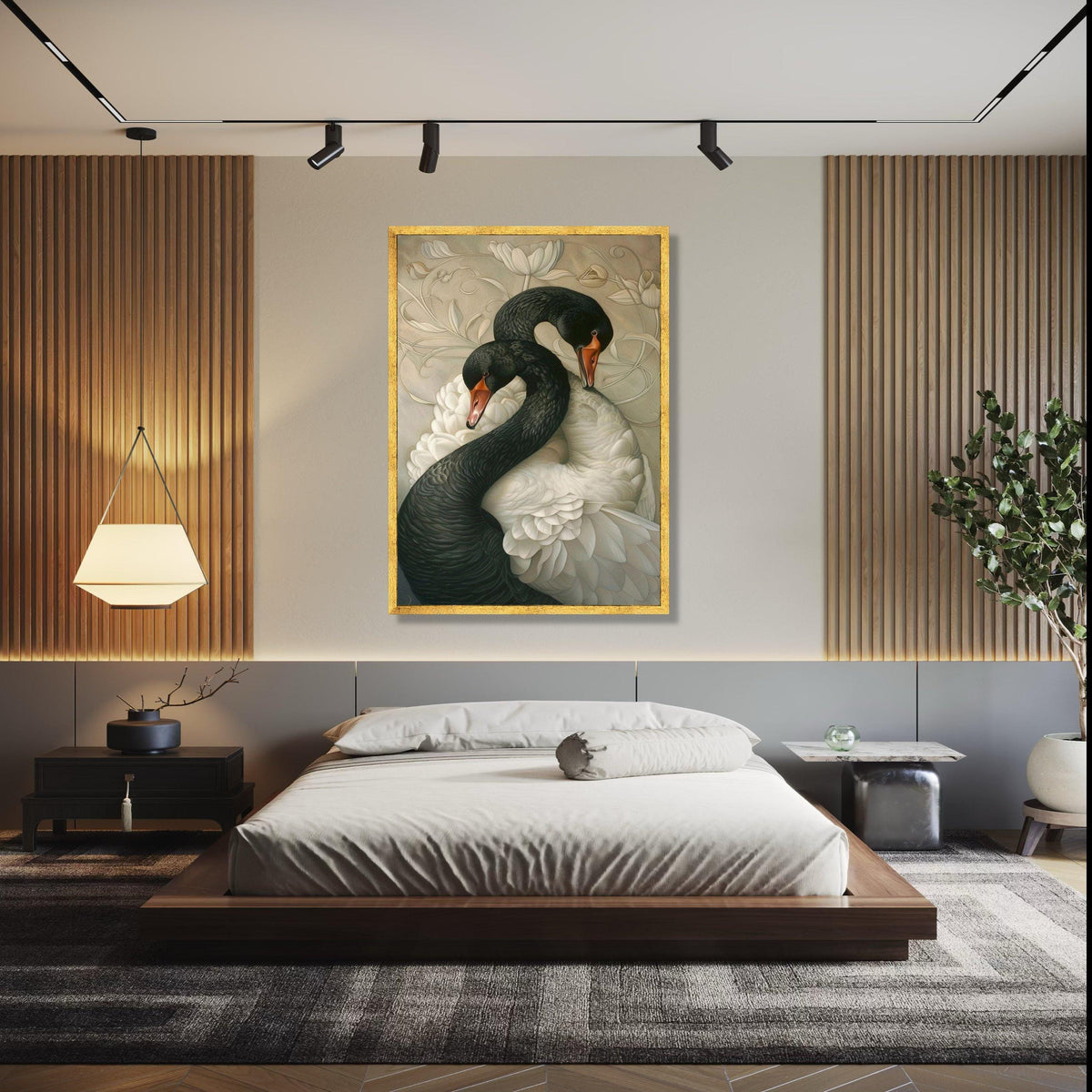 Elegant Black and White Swans Canvas, Romantic Wildlife Wall Art, Nature Feathered Birds Decoration, Floral Gift Art, Home Decor, Print