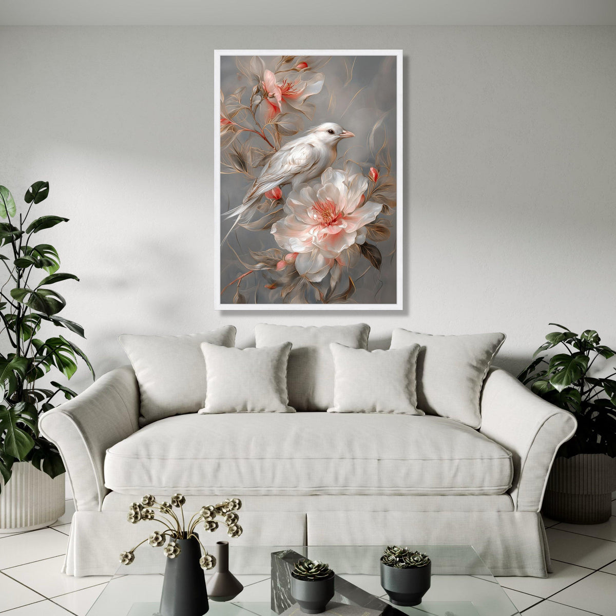 Elegant White Bird and Blush Floral Canvas, Soft Nature Wall Art, Romantic Garden Decoration, Detailed Botanical Gift Art, Home Decor, Print