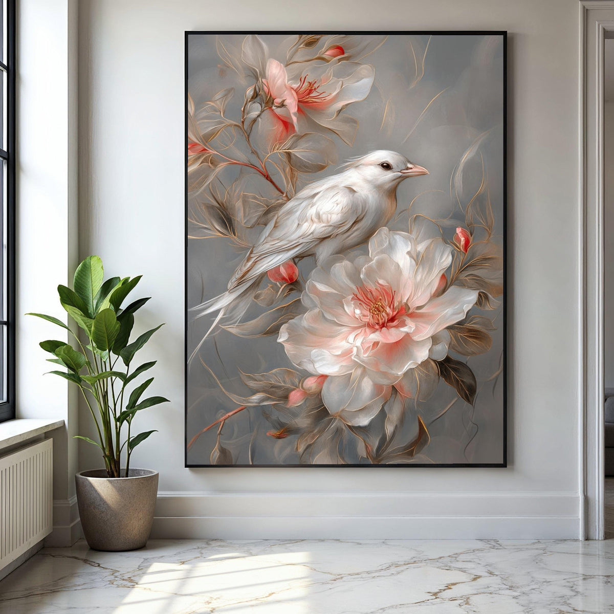 Elegant White Bird and Blush Floral Canvas, Soft Nature Wall Art, Romantic Garden Decoration, Detailed Botanical Gift Art, Home Decor, Print