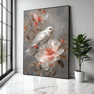 Elegant White Bird and Blush Floral Canvas, Soft Nature Wall Art, Romantic Garden Decoration, Detailed Botanical Gift Art, Home Decor, Print