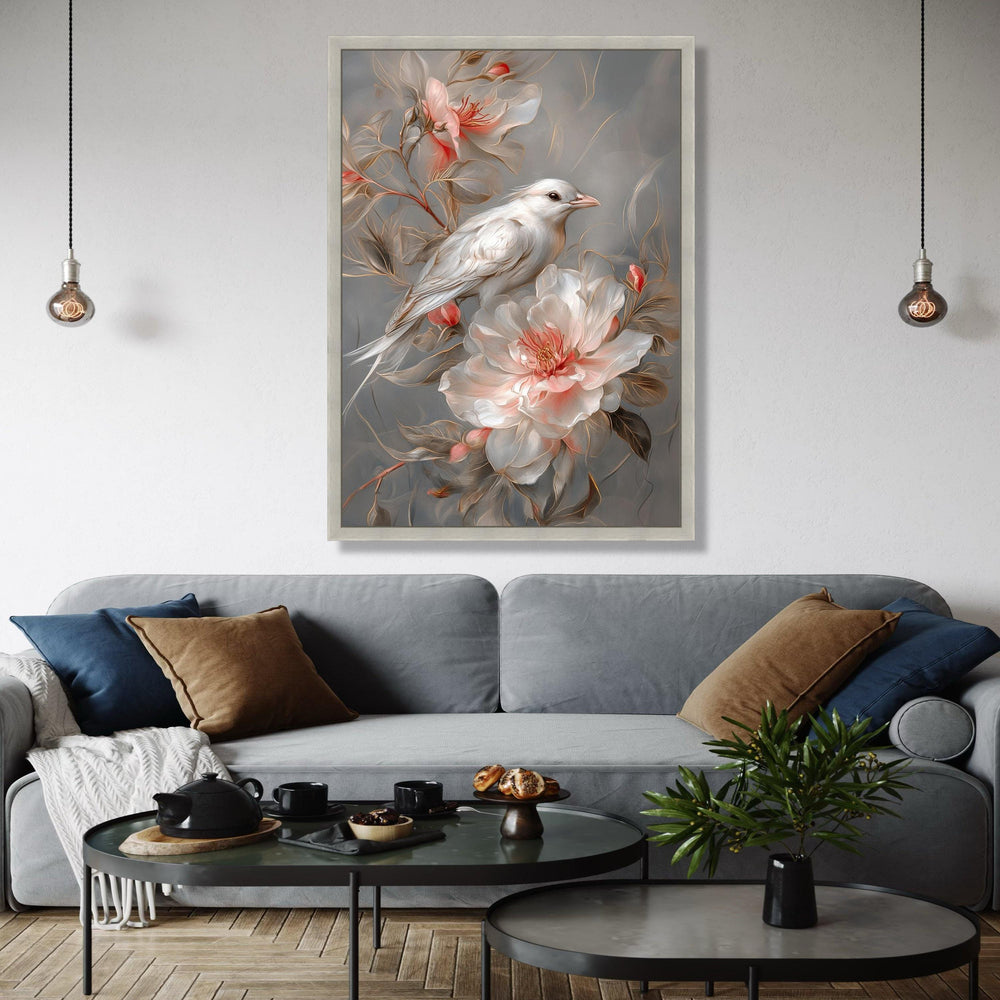 Elegant White Bird and Blush Floral Canvas, Soft Nature Wall Art, Romantic Garden Decoration, Detailed Botanical Gift Art, Home Decor, Print