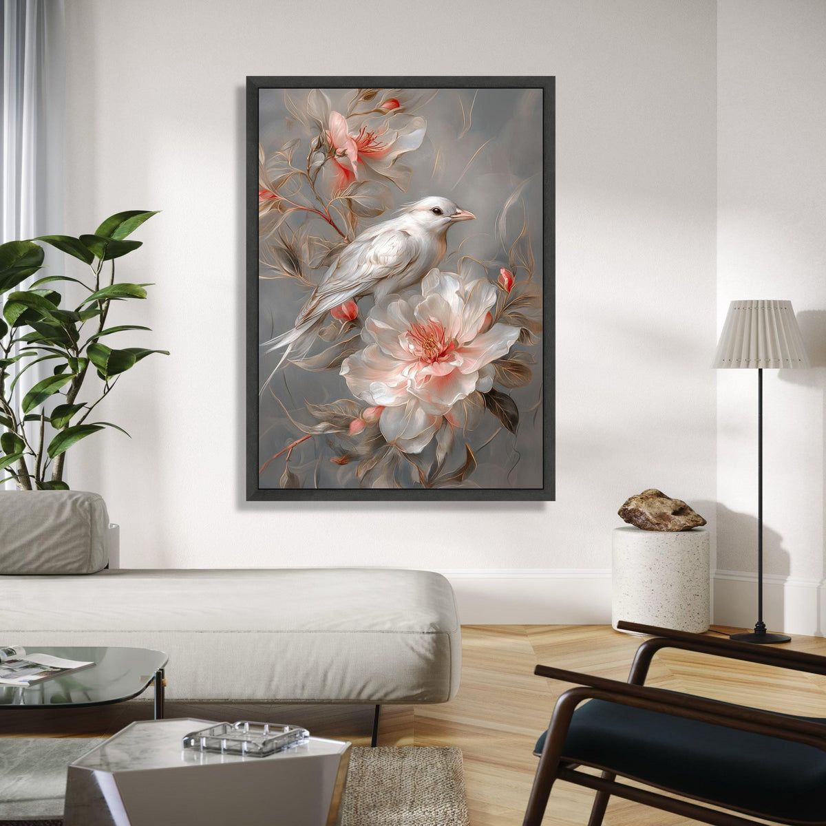 Elegant White Bird and Blush Floral Canvas, Soft Nature Wall Art, Romantic Garden Decoration, Detailed Botanical Gift Art, Home Decor, Print