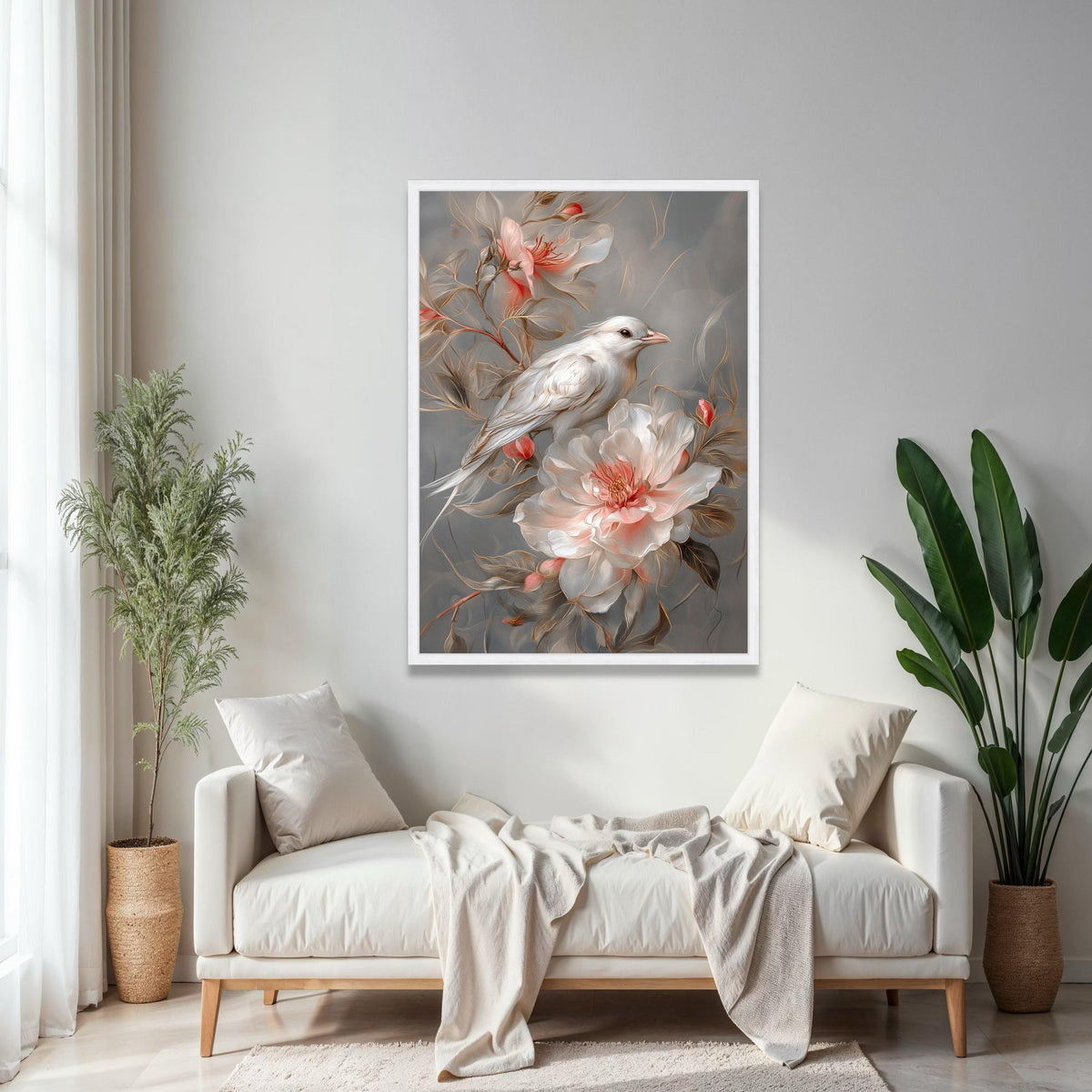 Elegant White Bird and Blush Floral Canvas, Soft Nature Wall Art, Romantic Garden Decoration, Detailed Botanical Gift Art, Home Decor, Print