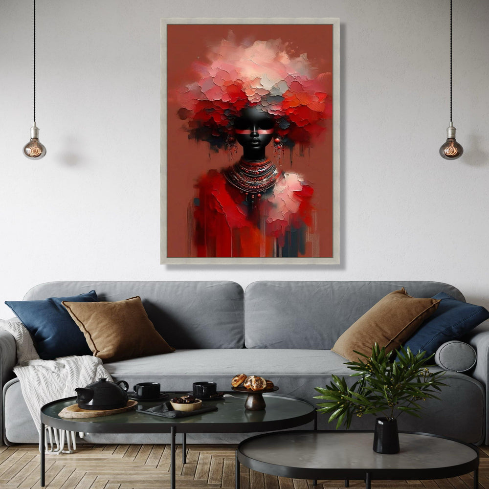 Abstract African Woman Portrait Canvas, Red Floral Headpiece Wall Art, Modern Ethnic Decor, Paint Style, Bold Gift Art, Home Decor, Print