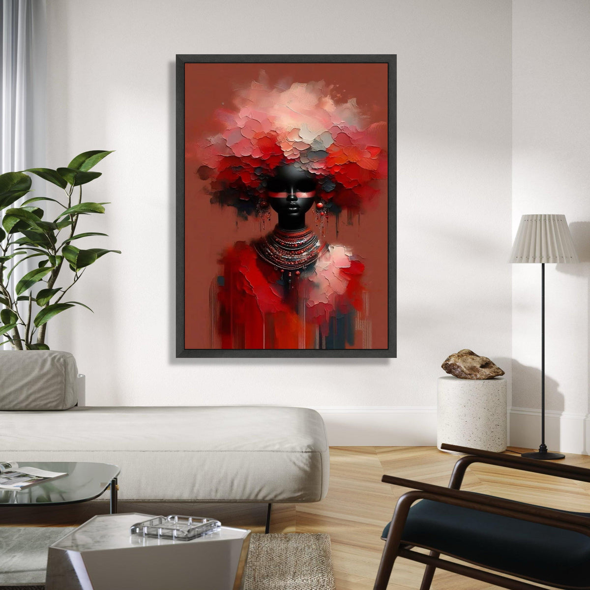 Abstract African Woman Portrait Canvas, Red Floral Headpiece Wall Art, Modern Ethnic Decor, Paint Style, Bold Gift Art, Home Decor, Print