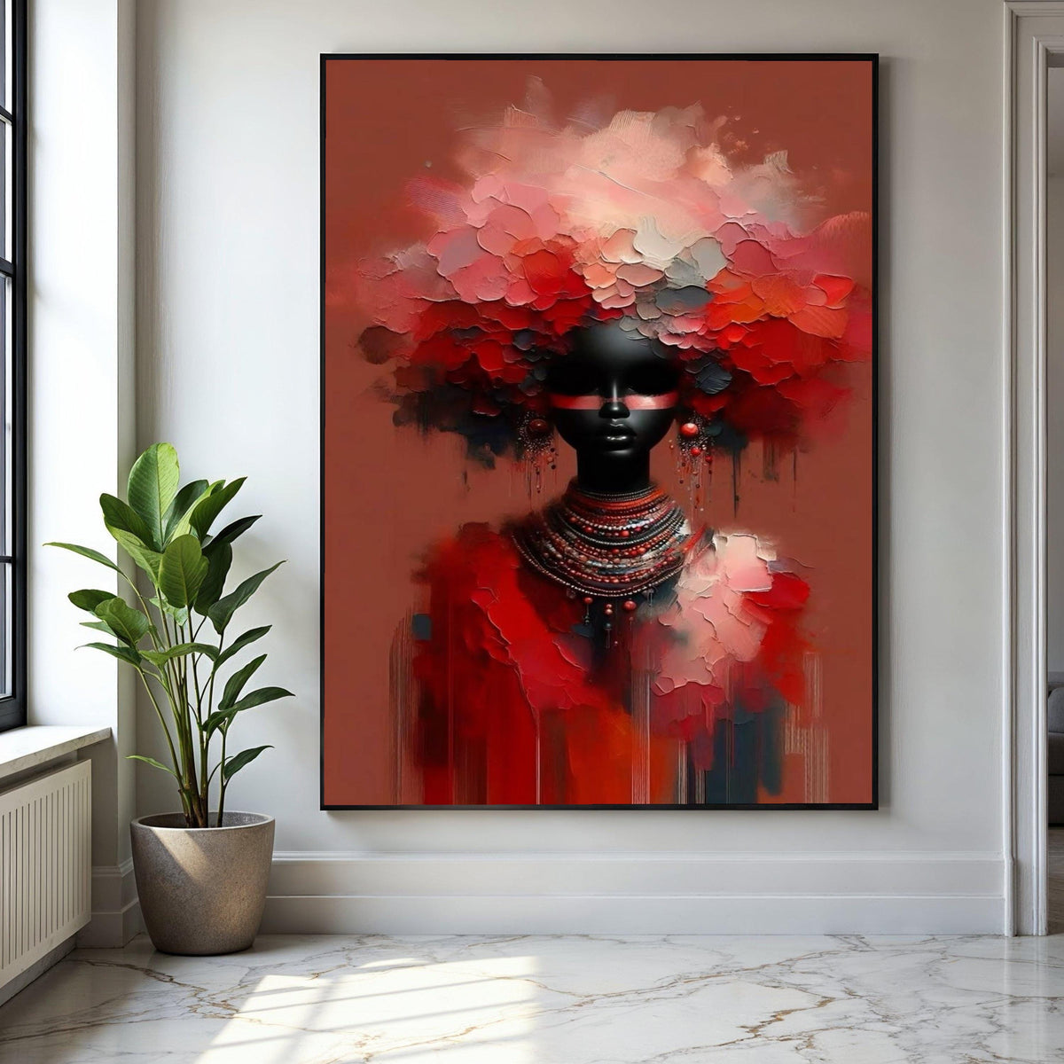 Abstract African Woman Portrait Canvas, Red Floral Headpiece Wall Art, Modern Ethnic Decor, Paint Style, Bold Gift Art, Home Decor, Print