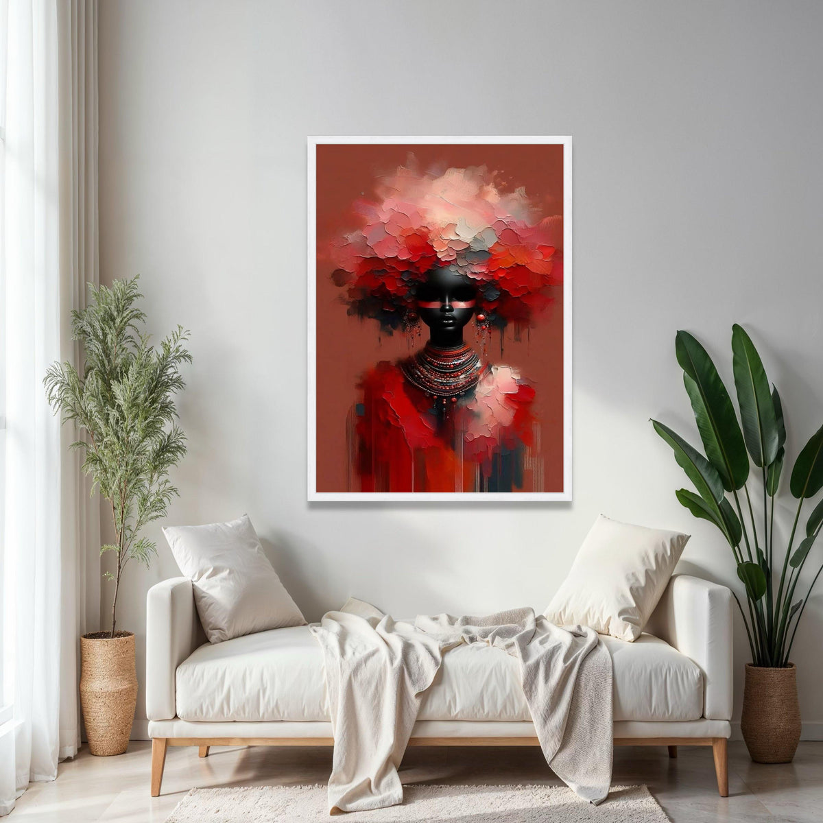 Abstract African Woman Portrait Canvas, Red Floral Headpiece Wall Art, Modern Ethnic Decor, Paint Style, Bold Gift Art, Home Decor, Print
