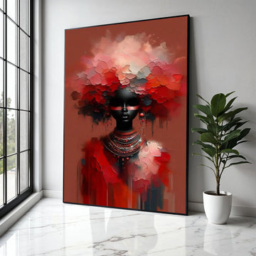 Abstract African Woman Portrait Canvas, Red Floral Headpiece Wall Art, Modern Ethnic Decor, Paint Style, Bold Gift Art, Home Decor, Print