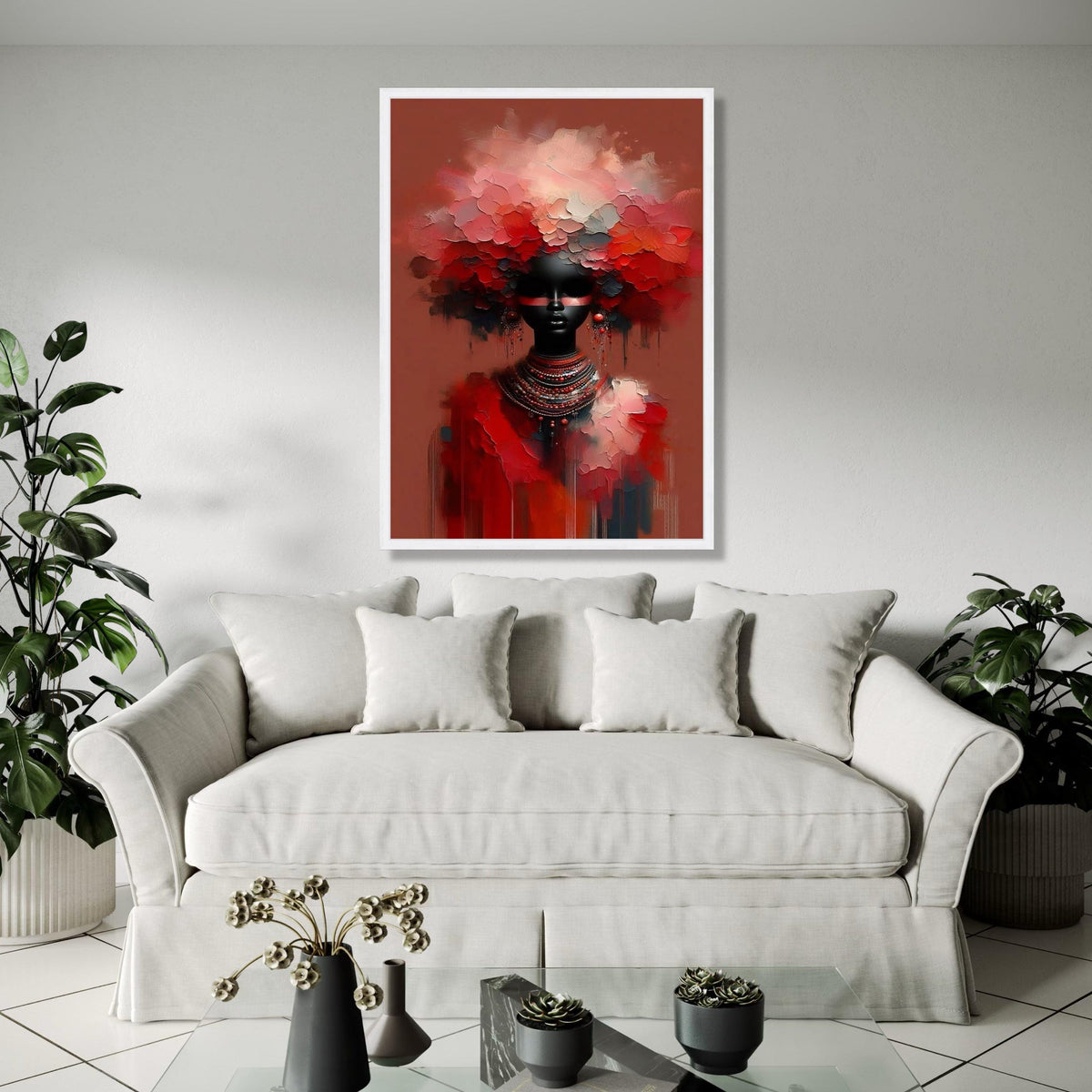 Abstract African Woman Portrait Canvas, Red Floral Headpiece Wall Art, Modern Ethnic Decor, Paint Style, Bold Gift Art, Home Decor, Print