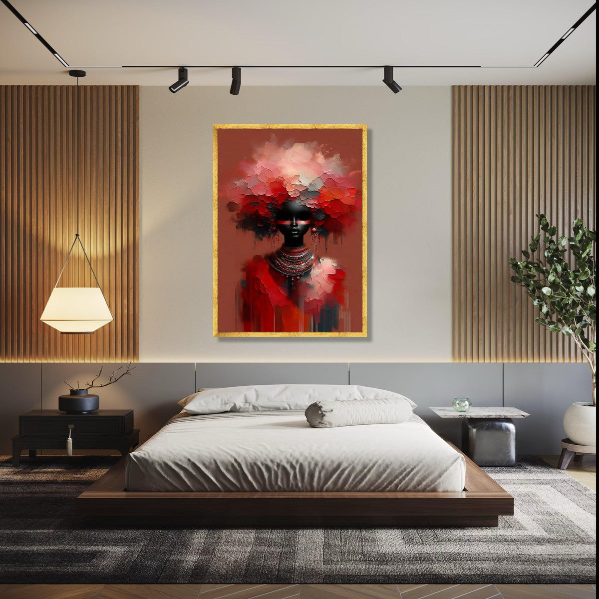 Abstract African Woman Portrait Canvas, Red Floral Headpiece Wall Art, Modern Ethnic Decor, Paint Style, Bold Gift Art, Home Decor, Print