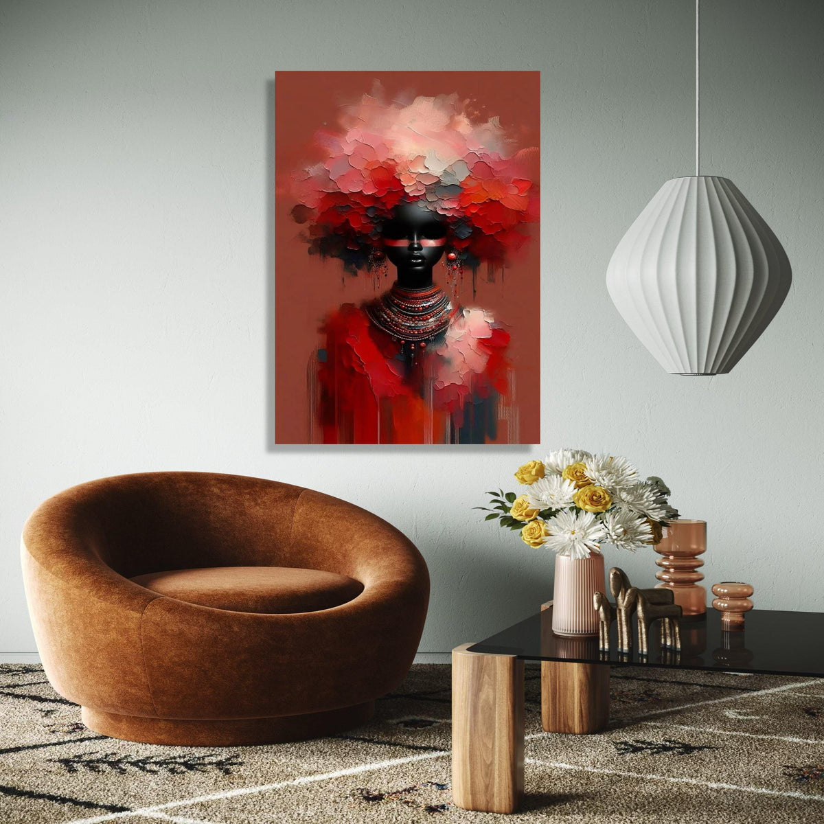 Abstract African Woman Portrait Canvas, Red Floral Headpiece Wall Art, Modern Ethnic Decor, Paint Style, Bold Gift Art, Home Decor, Print