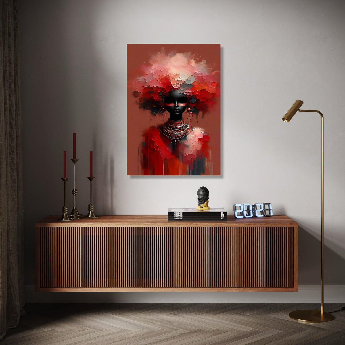 Abstract African Woman Portrait Canvas, Red Floral Headpiece Wall Art, Modern Ethnic Decor, Paint Style, Bold Gift Art, Home Decor, Print