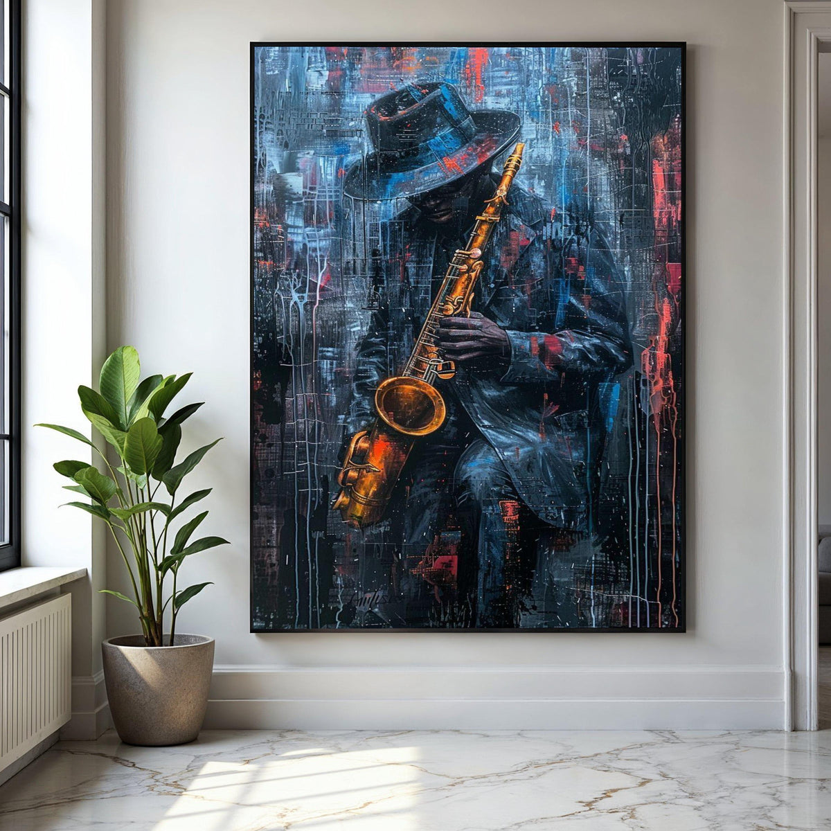 Jazz Musician Playing Saxophone Canvas, Urban Abstract Wall Art, Musician Portrait Painting, Modern Home Decor, Gift Art, Home Decor, Print
