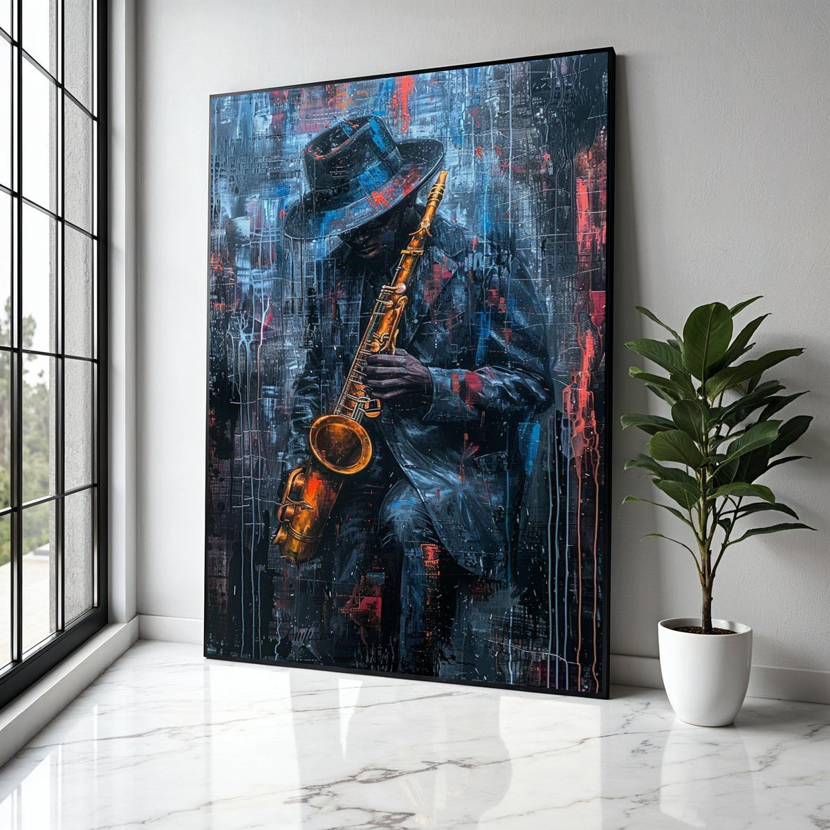 Jazz Musician Playing Saxophone Canvas, Urban Abstract Wall Art, Musician Portrait Painting, Modern Home Decor, Gift Art, Home Decor, Print