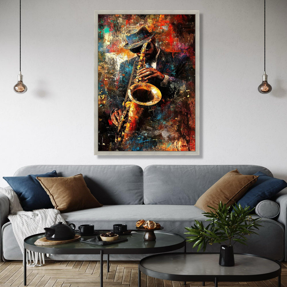 Jazz Musician Canvas Wall Art, Saxophone Player Painting, Urban Abstract Art, Music Lover Decor, Vibrant Home Gift Art, Home Decor, Print