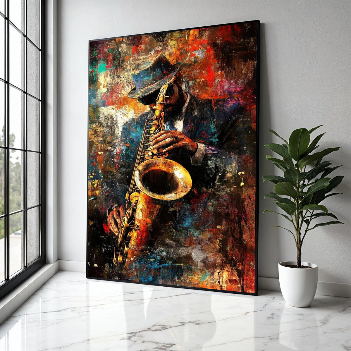 Jazz Musician Canvas Wall Art, Saxophone Player Painting, Urban Abstract Art, Music Lover Decor, Vibrant Home Gift Art, Home Decor, Print
