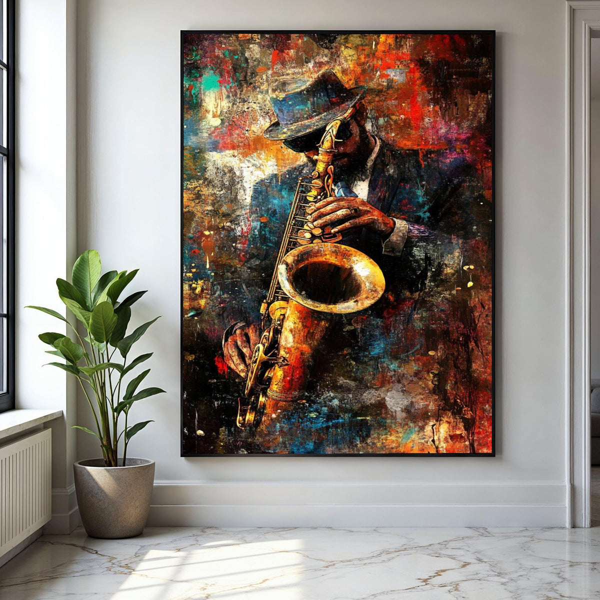 Jazz Musician Canvas Wall Art, Saxophone Player Painting, Urban Abstract Art, Music Lover Decor, Vibrant Home Gift Art, Home Decor, Print