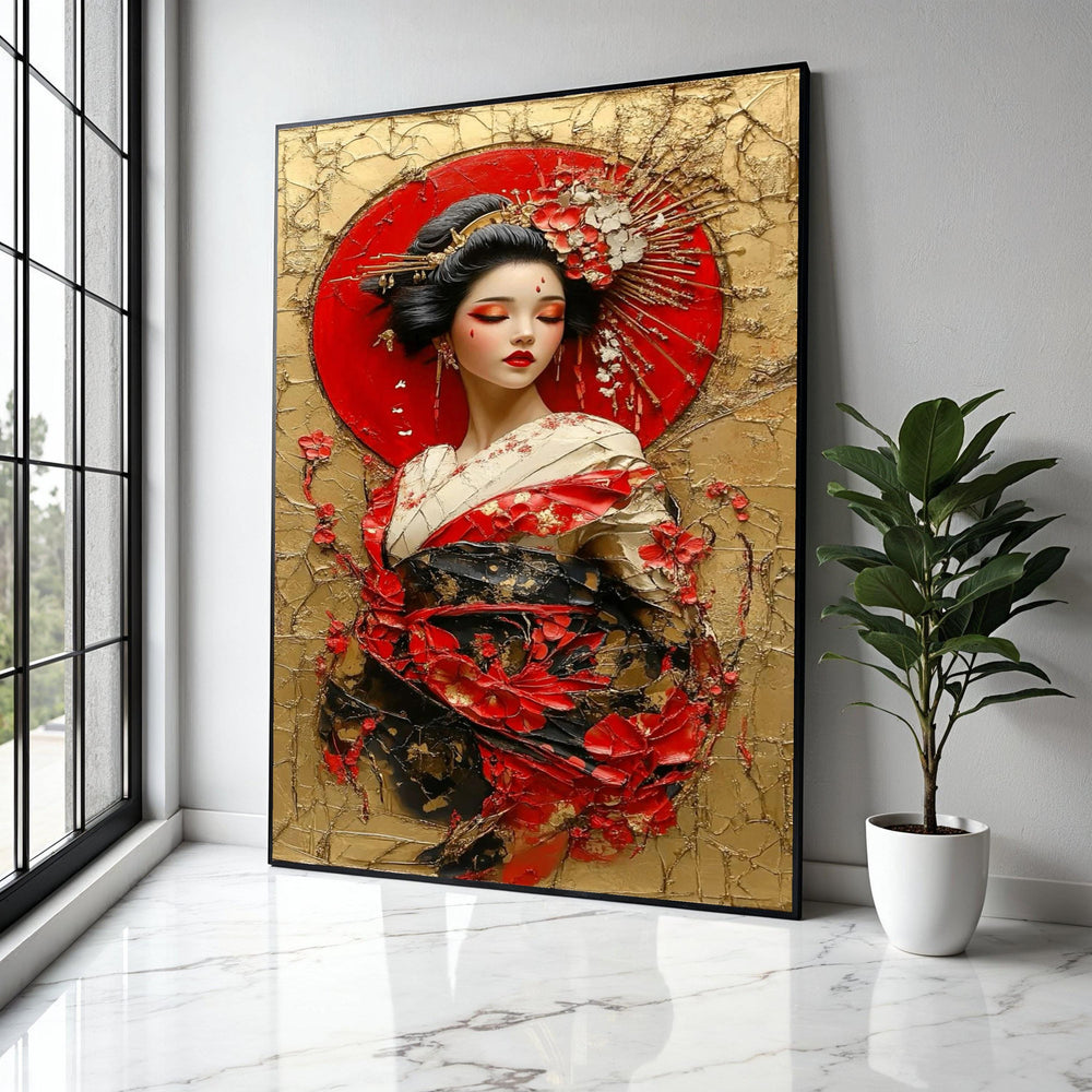Elegant Geisha Portrait Canvas Wall Art, Japanese Woman in Traditional Kimono, Red Floral Decoration, Asian Gift Art, Home Decor, Print