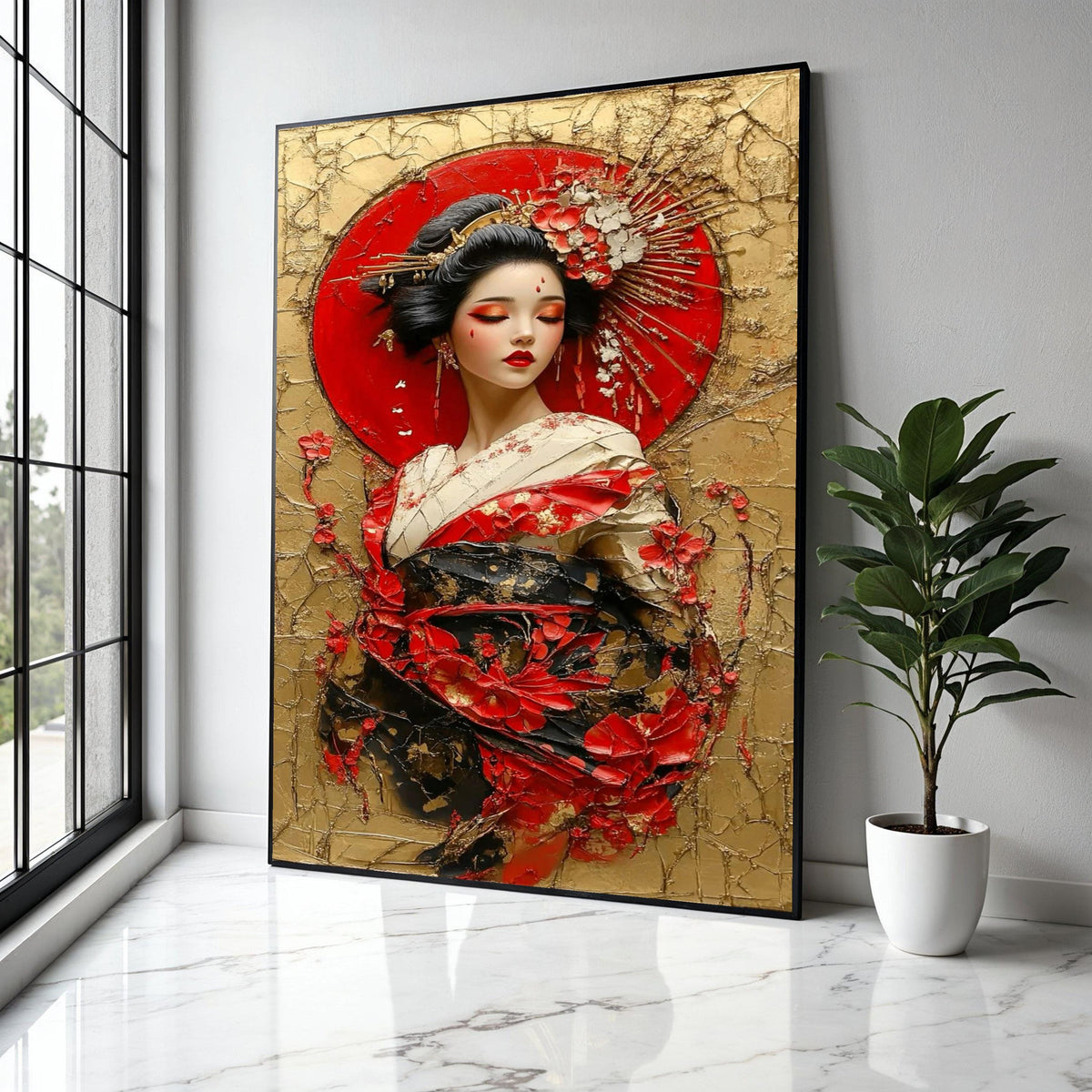 Elegant Geisha Portrait Canvas Wall Art, Japanese Woman in Traditional Kimono, Red Floral Decoration, Asian Gift Art, Home Decor, Print