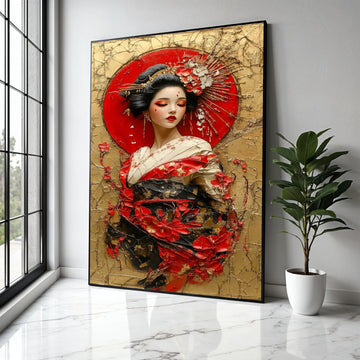 Elegant Geisha Portrait Canvas Wall Art, Japanese Woman in Traditional Kimono, Red Floral Decoration, Asian Gift Art, Home Decor, Print