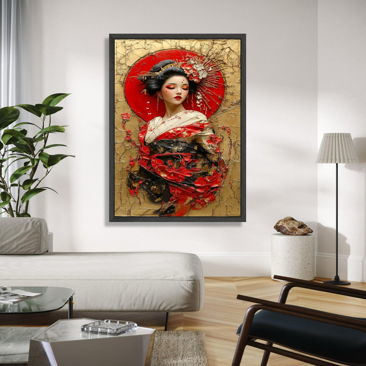 Elegant Geisha Portrait Canvas Wall Art, Japanese Woman in Traditional Kimono, Red Floral Decoration, Asian Gift Art, Home Decor, Print