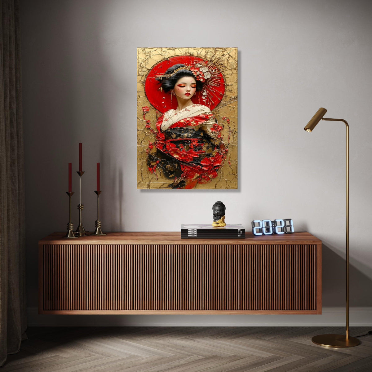 Elegant Geisha Portrait Canvas Wall Art, Japanese Woman in Traditional Kimono, Red Floral Decoration, Asian Gift Art, Home Decor, Print