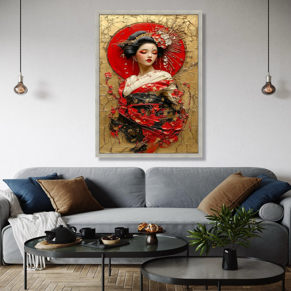 Elegant Geisha Portrait Canvas Wall Art, Japanese Woman in Traditional Kimono, Red Floral Decoration, Asian Gift Art, Home Decor, Print