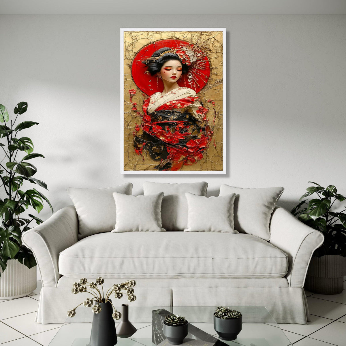 Elegant Geisha Portrait Canvas Wall Art, Japanese Woman in Traditional Kimono, Red Floral Decoration, Asian Gift Art, Home Decor, Print