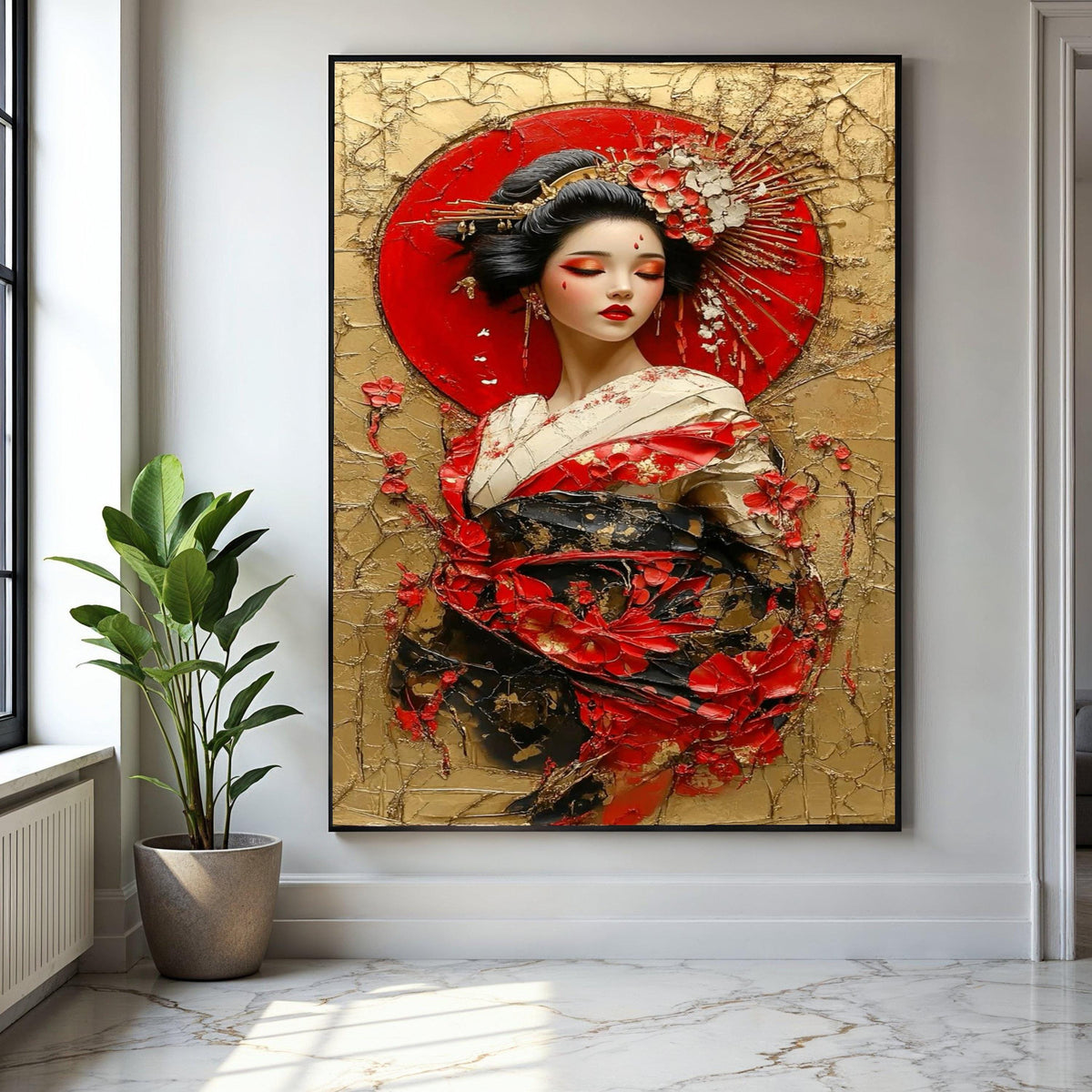Elegant Geisha Portrait Canvas Wall Art, Japanese Woman in Traditional Kimono, Red Floral Decoration, Asian Gift Art, Home Decor, Print