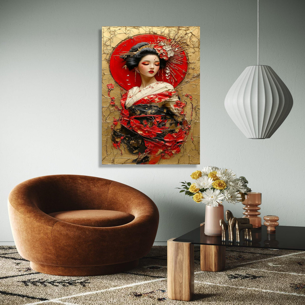 Elegant Geisha Portrait Canvas Wall Art, Japanese Woman in Traditional Kimono, Red Floral Decoration, Asian Gift Art, Home Decor, Print