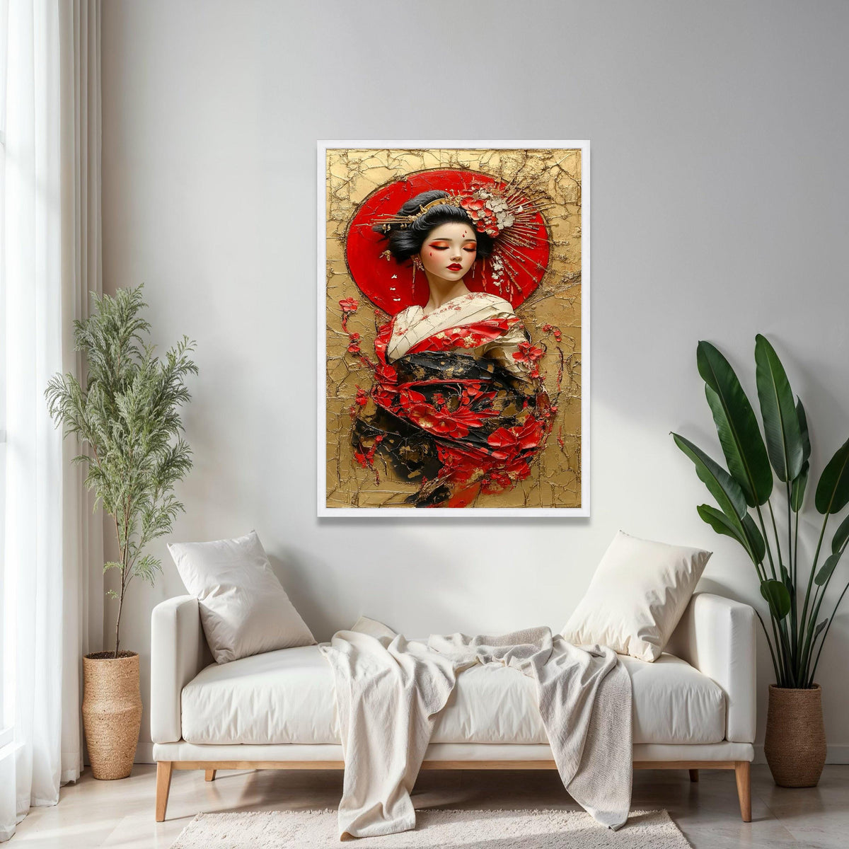 Elegant Geisha Portrait Canvas Wall Art, Japanese Woman in Traditional Kimono, Red Floral Decoration, Asian Gift Art, Home Decor, Print