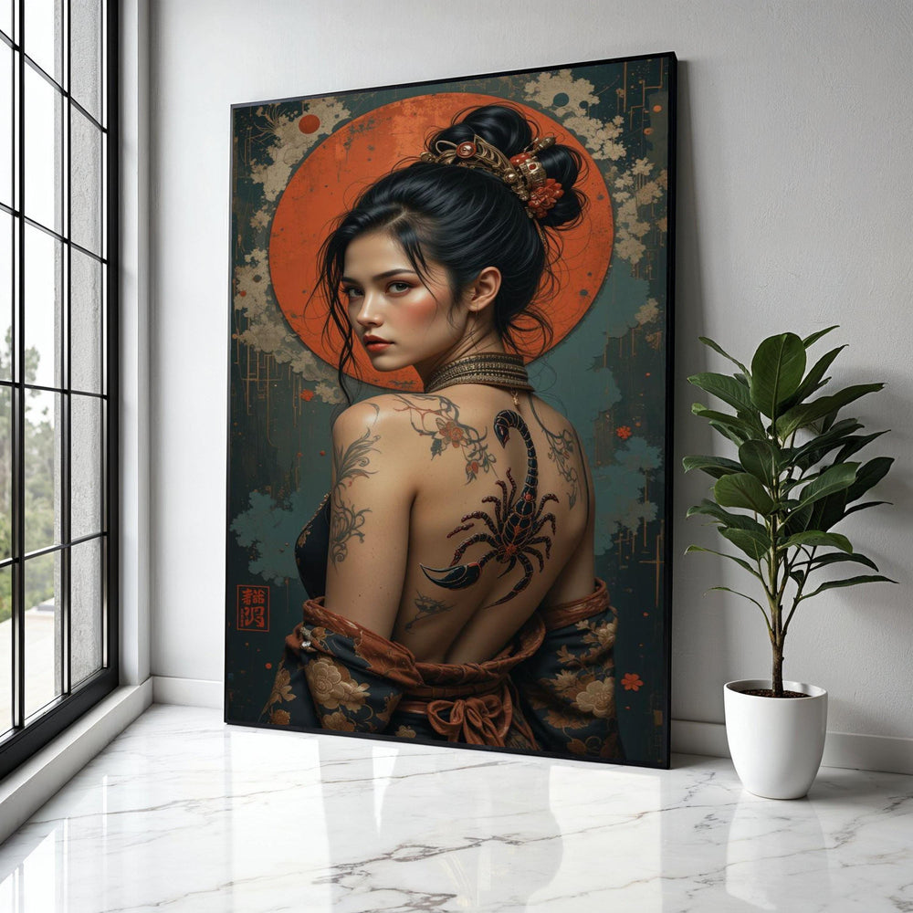 Elegant Asian Woman with Scorpion Tattoo Canvas, Japanese Style Portrait Art, Back Tattoo Wall Decor, Oriental Gift Art, Home Decor, Print