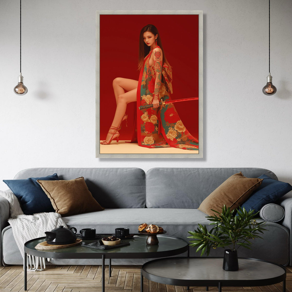 Elegant Japanese Kimono Woman with Katana Sword, Red Floral Canvas Art, Tattooed Asian Model Wall Decor, Modern Gift Art, Home Decor, Print