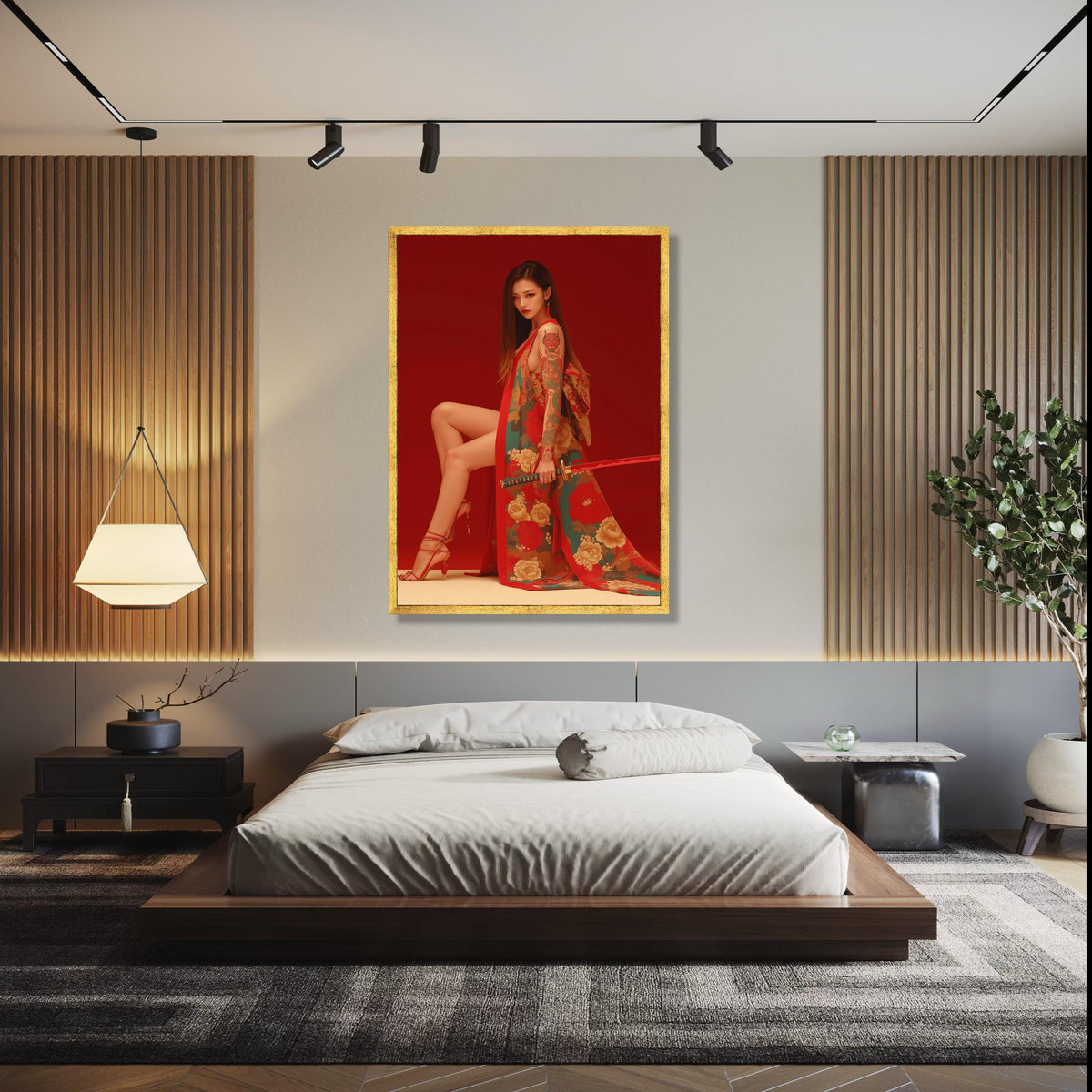 Elegant Japanese Kimono Woman with Katana Sword, Red Floral Canvas Art, Tattooed Asian Model Wall Decor, Modern Gift Art, Home Decor, Print