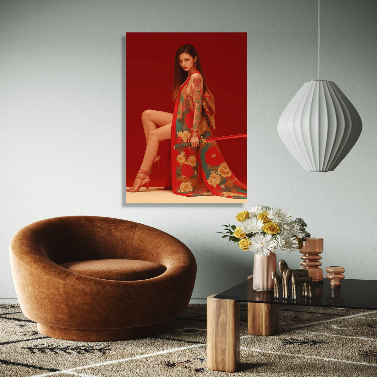 Elegant Japanese Kimono Woman with Katana Sword, Red Floral Canvas Art, Tattooed Asian Model Wall Decor, Modern Gift Art, Home Decor, Print