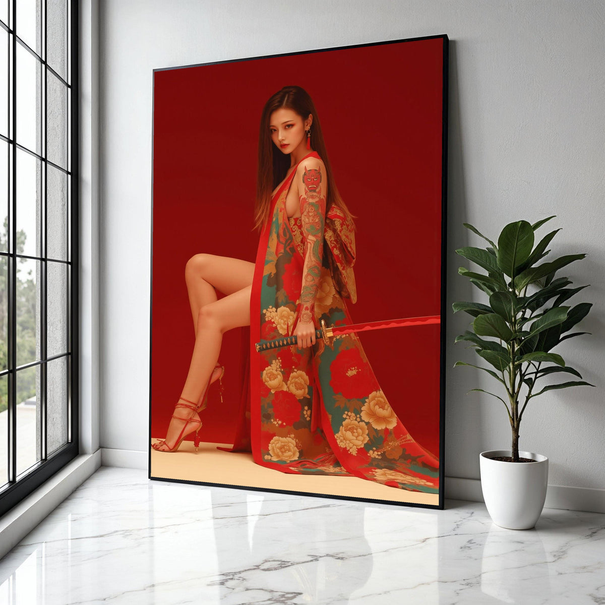 Elegant Japanese Kimono Woman with Katana Sword, Red Floral Canvas Art, Tattooed Asian Model Wall Decor, Modern Gift Art, Home Decor, Print