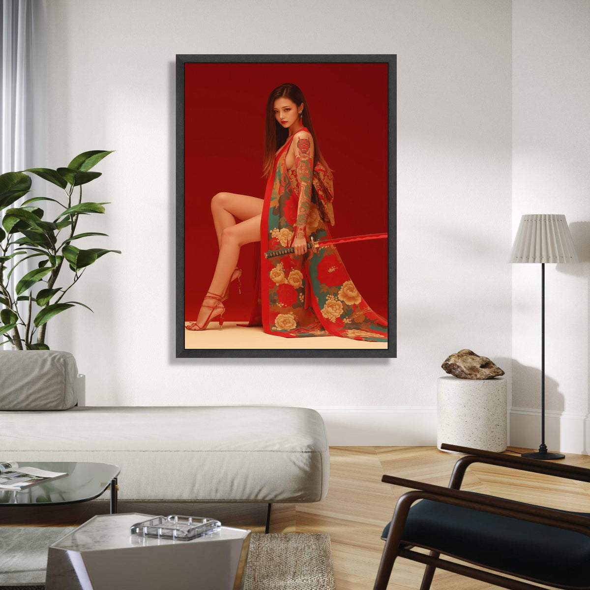 Elegant Japanese Kimono Woman with Katana Sword, Red Floral Canvas Art, Tattooed Asian Model Wall Decor, Modern Gift Art, Home Decor, Print