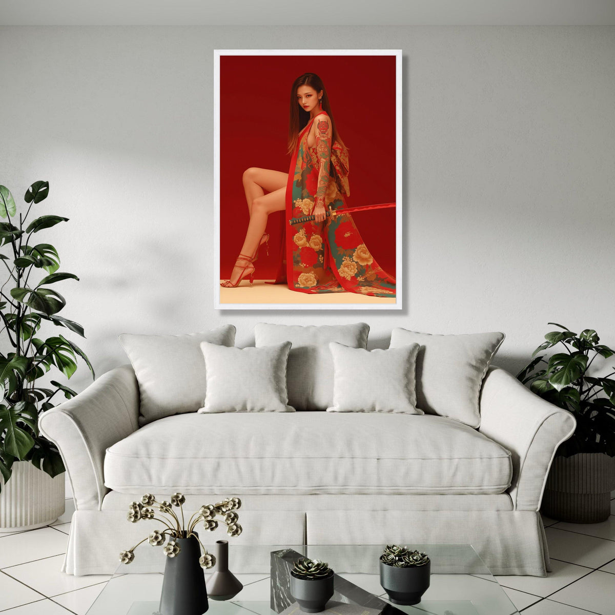 Elegant Japanese Kimono Woman with Katana Sword, Red Floral Canvas Art, Tattooed Asian Model Wall Decor, Modern Gift Art, Home Decor, Print