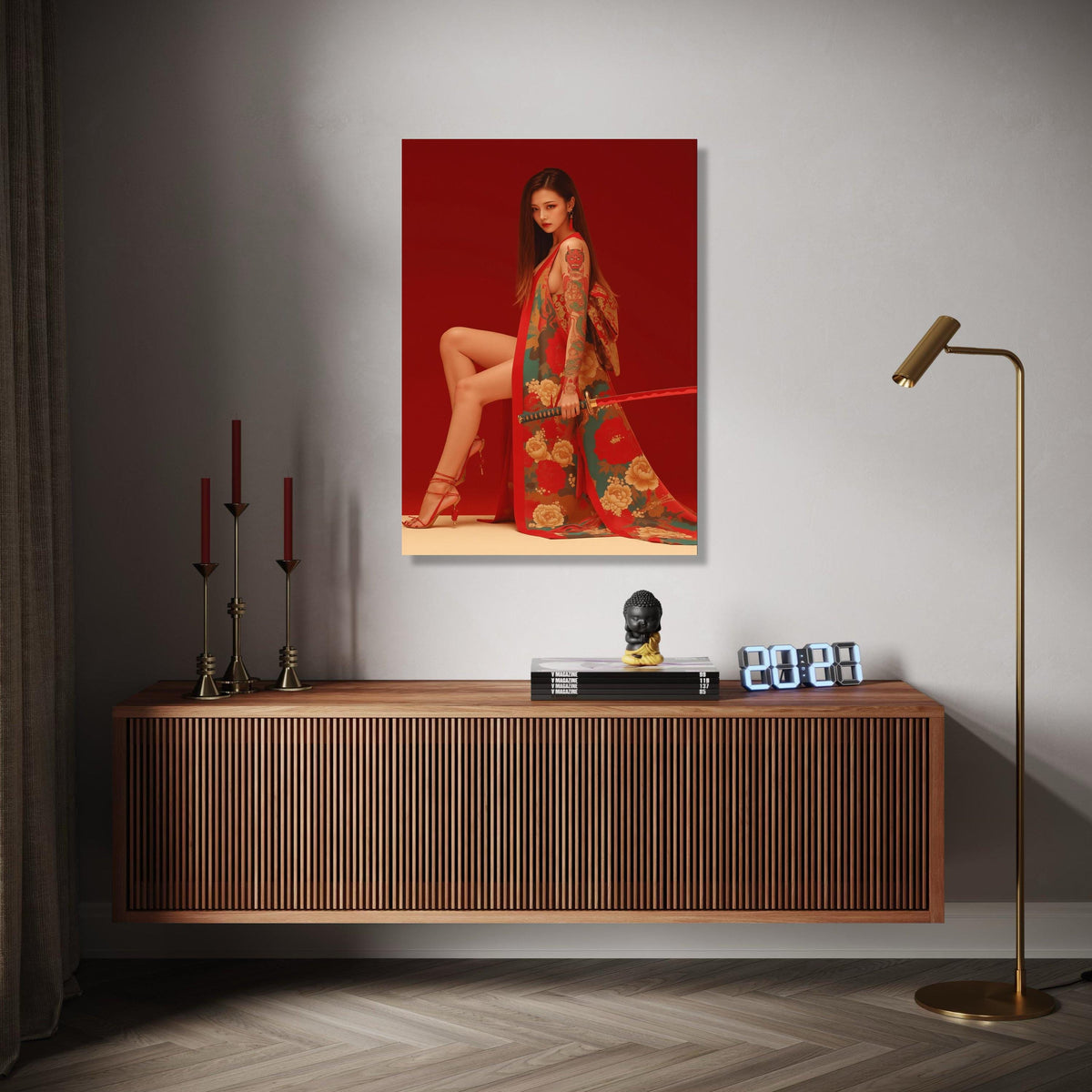Elegant Japanese Kimono Woman with Katana Sword, Red Floral Canvas Art, Tattooed Asian Model Wall Decor, Modern Gift Art, Home Decor, Print