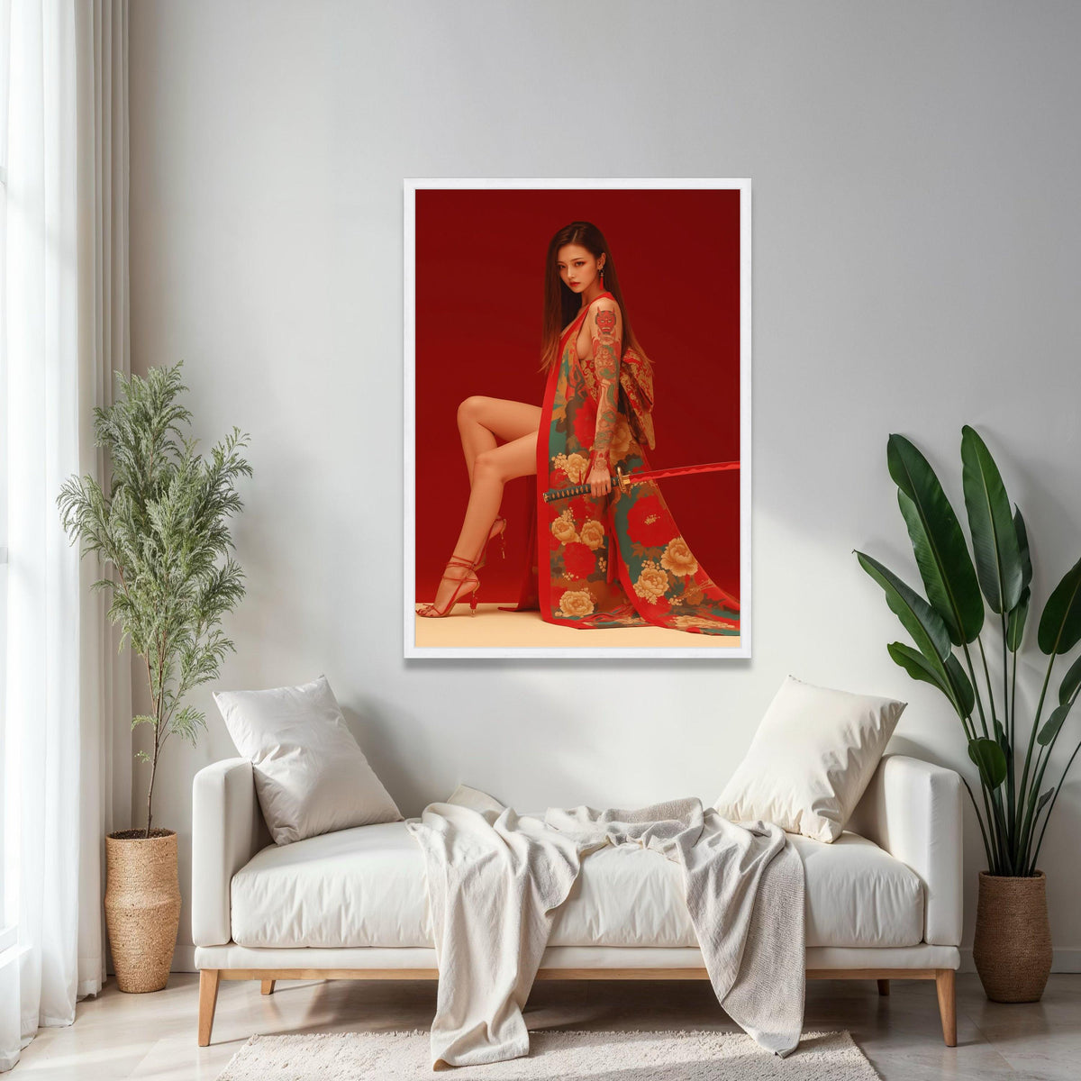 Elegant Japanese Kimono Woman with Katana Sword, Red Floral Canvas Art, Tattooed Asian Model Wall Decor, Modern Gift Art, Home Decor, Print
