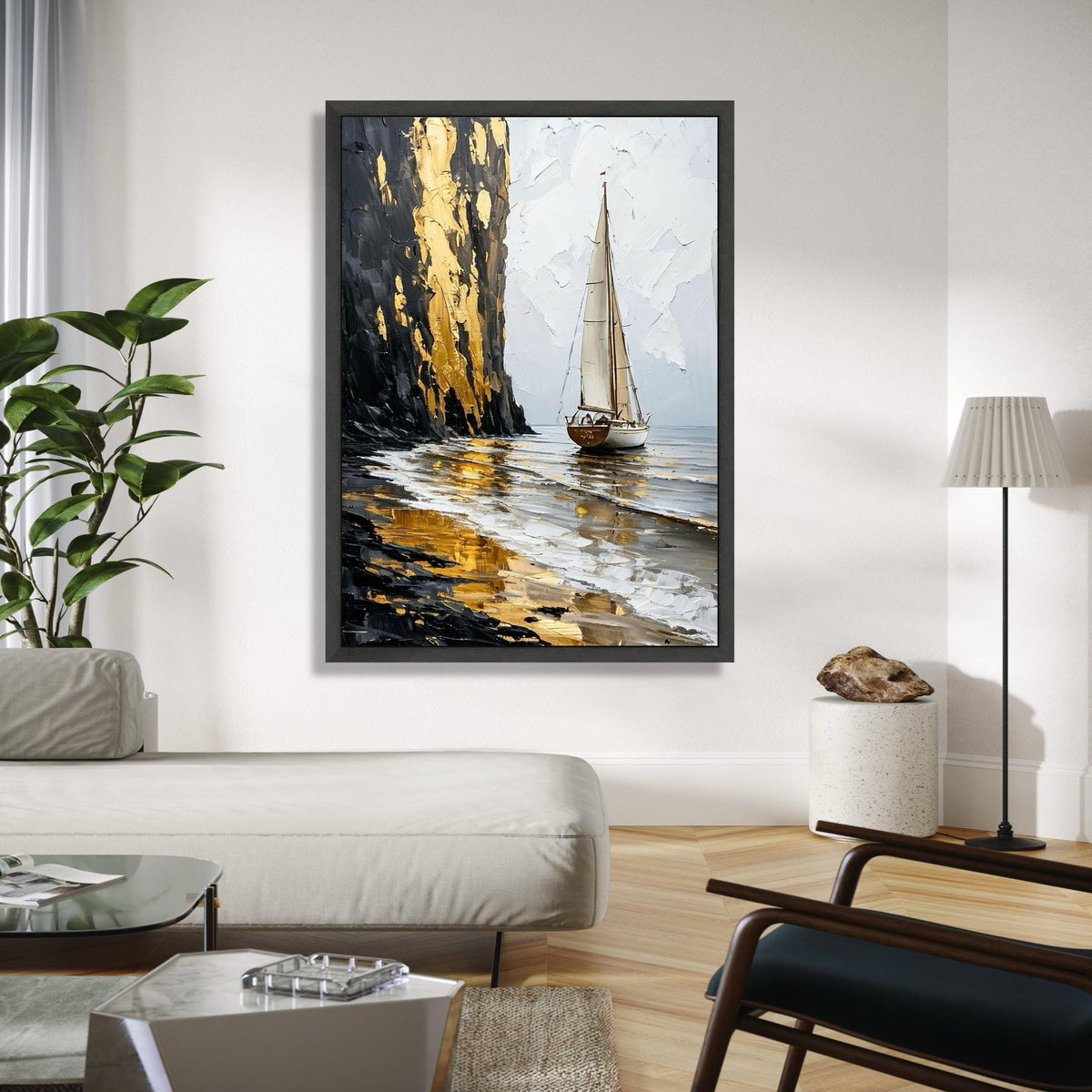 Golden Cliff Sailboat Canvas, Seascape Wall Art, Abstract Ocean Painting, Nautical Home Decor, Canvas Art, Ready Gift Art, Home Decor, Print