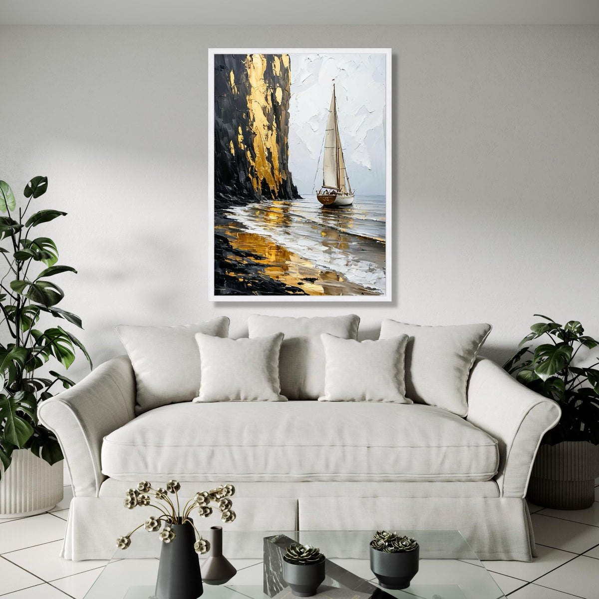 Golden Cliff Sailboat Canvas, Seascape Wall Art, Abstract Ocean Painting, Nautical Home Decor, Canvas Art, Ready Gift Art, Home Decor, Print
