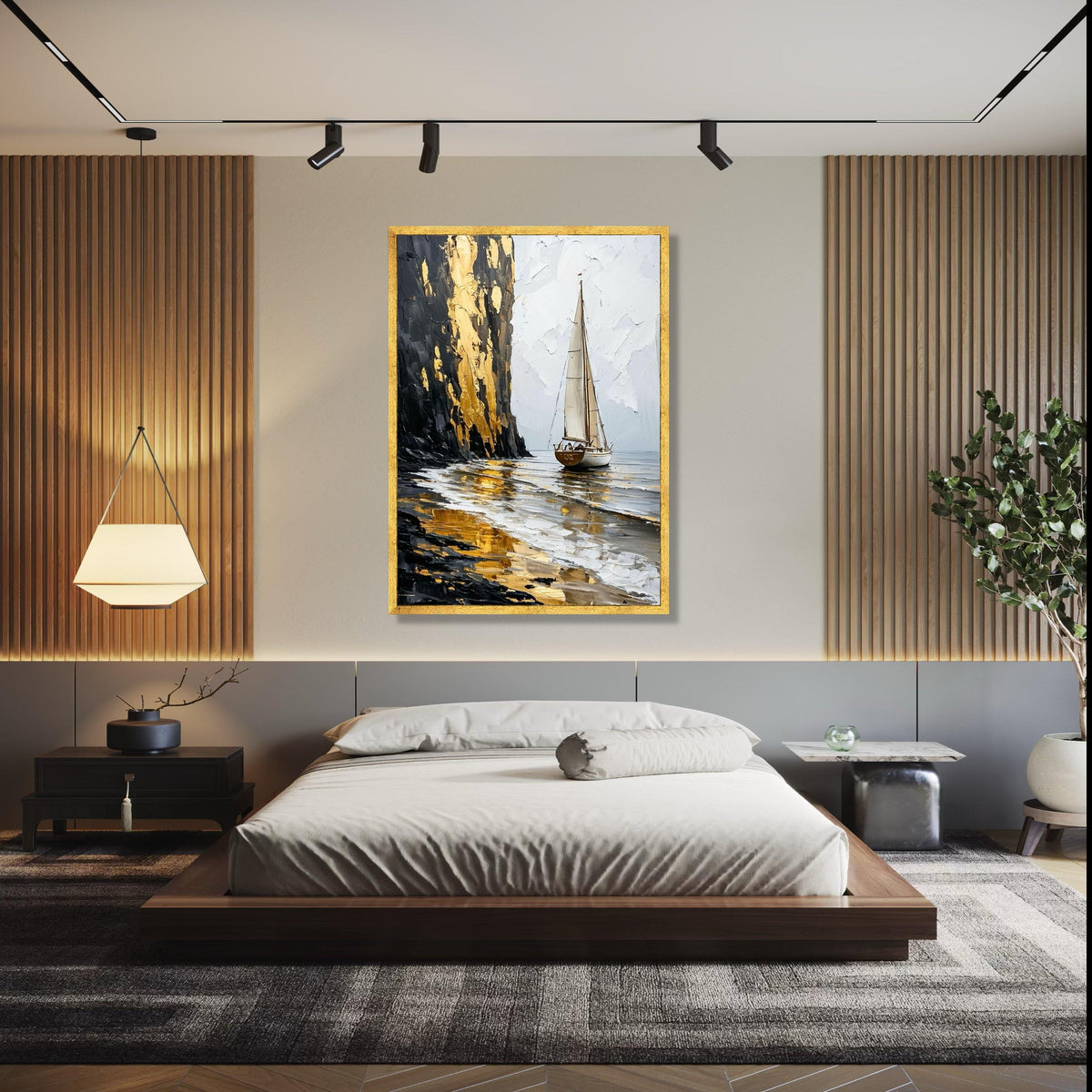 Golden Cliff Sailboat Canvas, Seascape Wall Art, Abstract Ocean Painting, Nautical Home Decor, Canvas Art, Ready Gift Art, Home Decor, Print