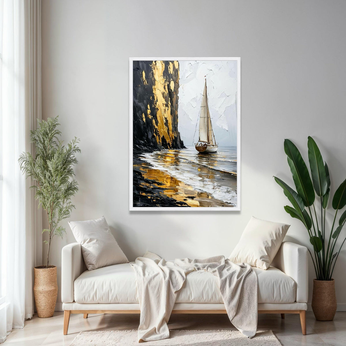 Golden Cliff Sailboat Canvas, Seascape Wall Art, Abstract Ocean Painting, Nautical Home Decor, Canvas Art, Ready Gift Art, Home Decor, Print