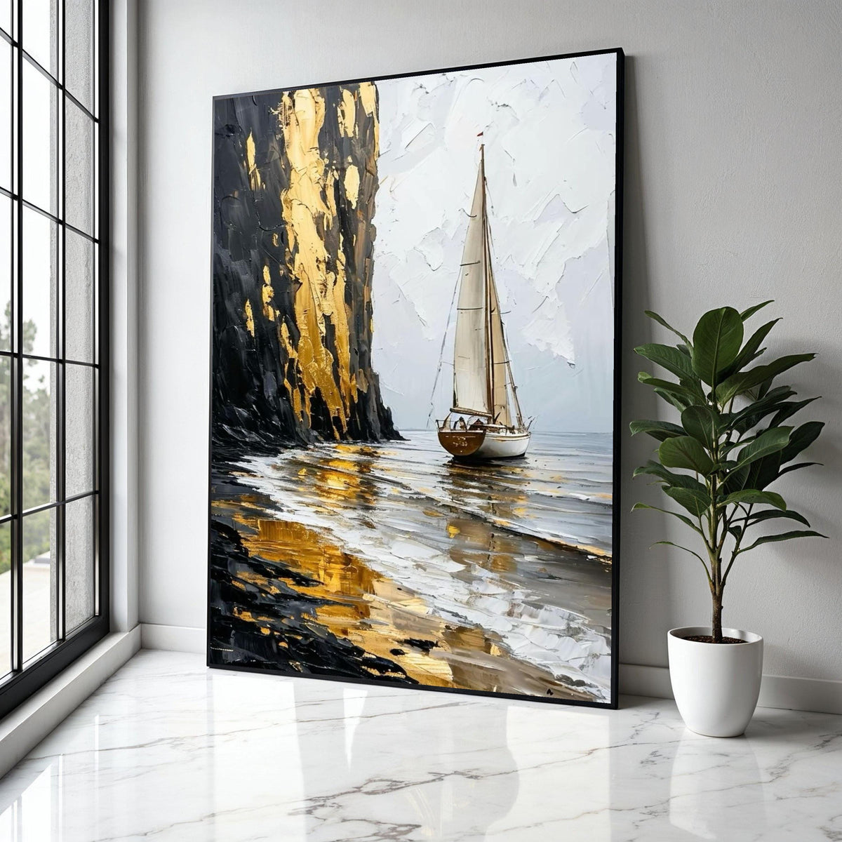 Golden Cliff Sailboat Canvas, Seascape Wall Art, Abstract Ocean Painting, Nautical Home Decor, Canvas Art, Ready Gift Art, Home Decor, Print