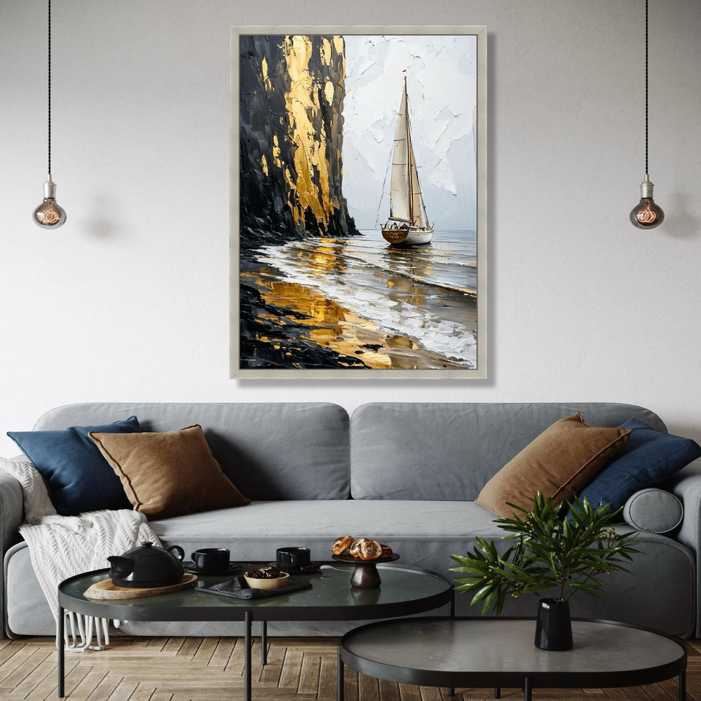 Golden Cliff Sailboat Canvas, Seascape Wall Art, Abstract Ocean Painting, Nautical Home Decor, Canvas Art, Ready Gift Art, Home Decor, Print