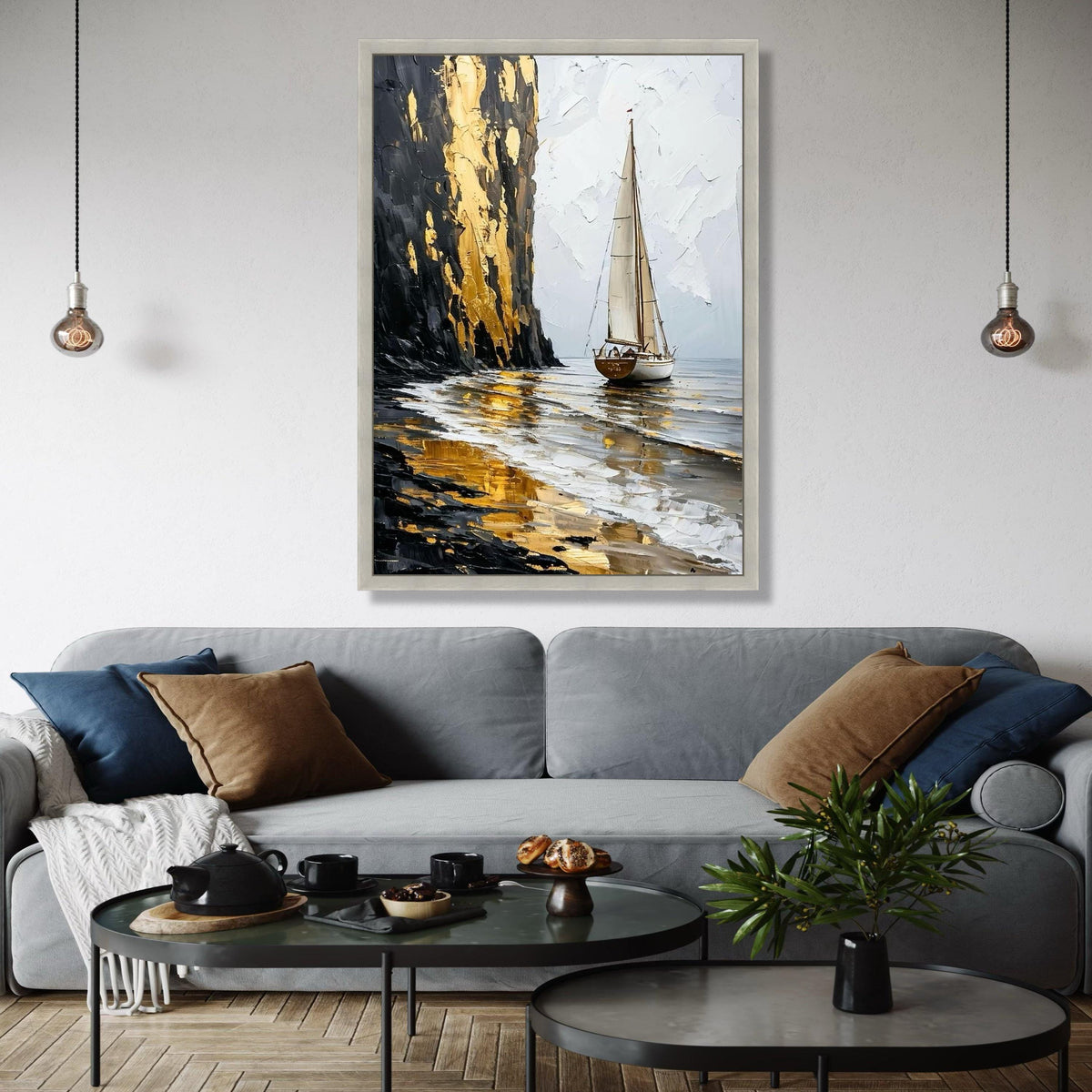 Golden Cliff Sailboat Canvas, Seascape Wall Art, Abstract Ocean Painting, Nautical Home Decor, Canvas Art, Ready Gift Art, Home Decor, Print
