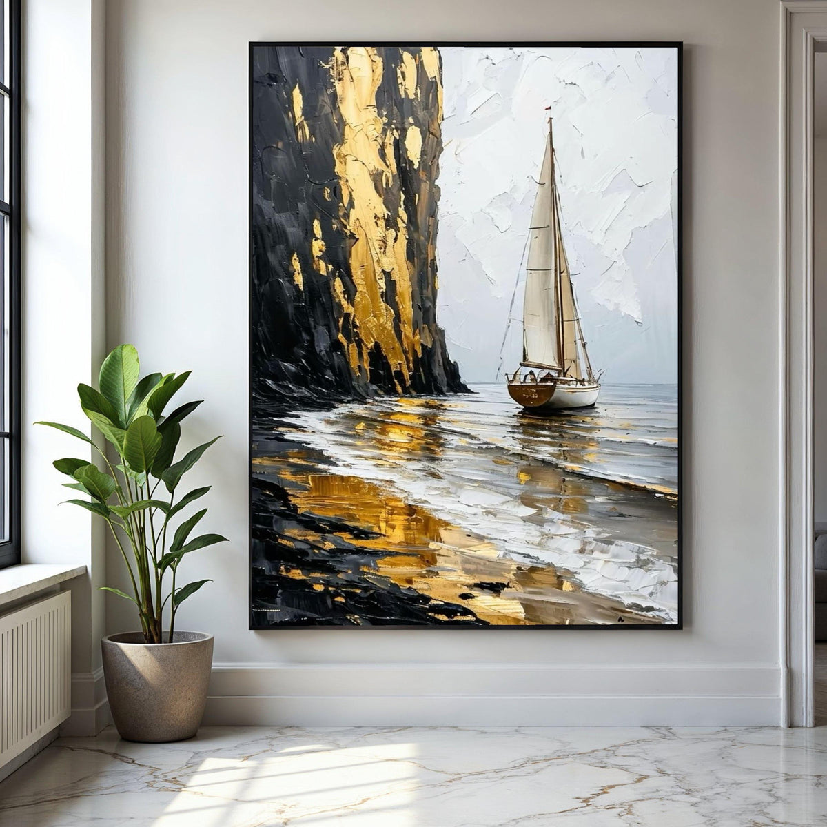 Golden Cliff Sailboat Canvas, Seascape Wall Art, Abstract Ocean Painting, Nautical Home Decor, Canvas Art, Ready Gift Art, Home Decor, Print